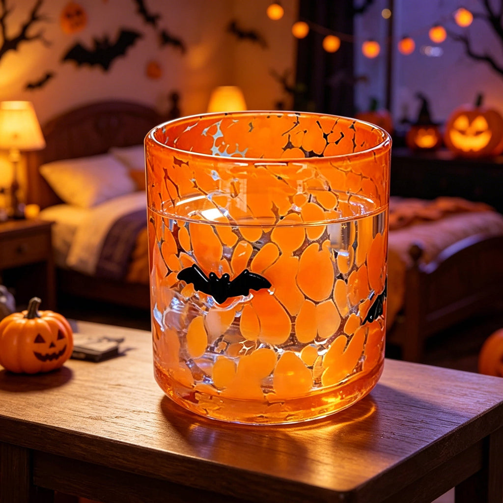 Qocolcyl Halloween Icon Glass Cups - 3.5x4.7in Ghost Bat Snake Pumpkin Icon Juice Stemless Wine Glasses Double Old Fashioned Hand Blown Drinking Cups for Halloween Party Gift