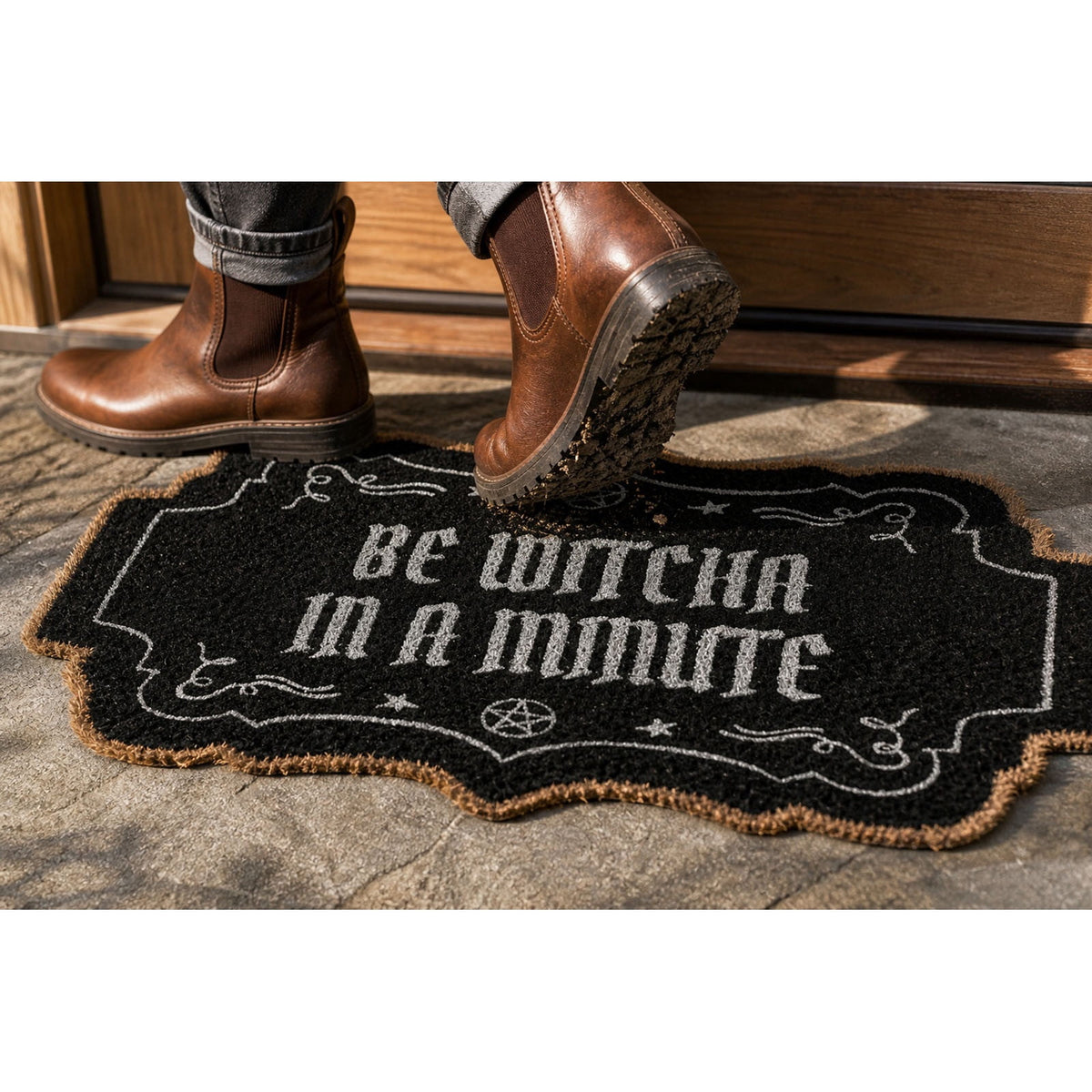 Be Witcha In A Minute Ornate Coir Doormat Halloween Decorations, Weather Resistant Non Slip Mat for Front Porch Witch Gothic Home Decor