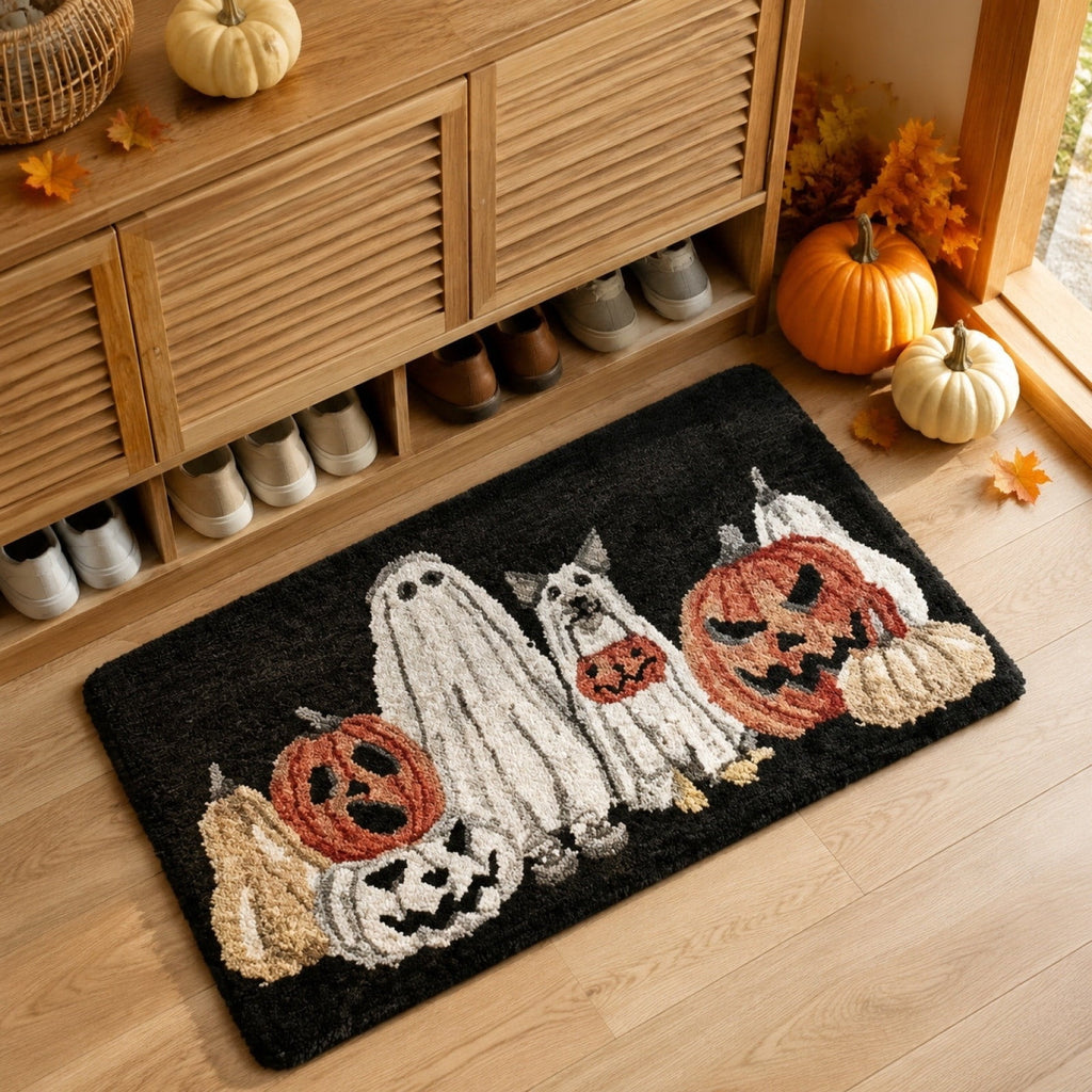 Fllostpr Halloween Pumpkin & Crow Welcome Doormat for Front Door, Non-Slip Vintage Brown Coir Floor Mat for Outdoor Porch Entryway Decor,16x24 Inch