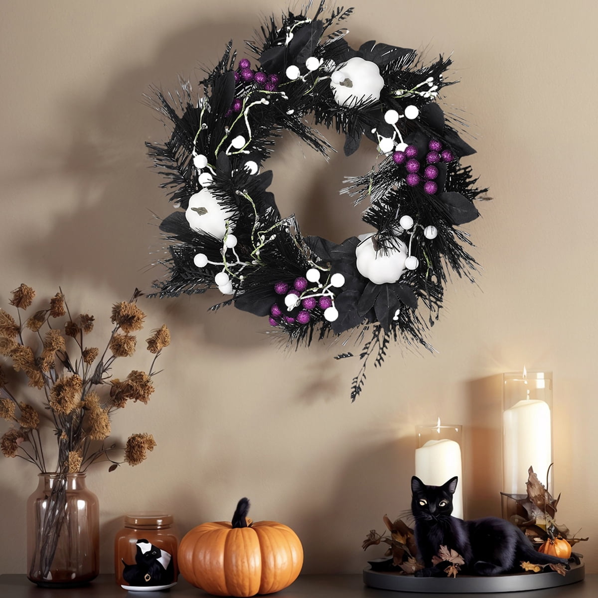 15.7 Inch Halloween Wreaths with White Pumpkin, Black Wreaths for Front Door, Halloween Decoration for Indoor Outdoor Wall Window Porch Patio Garden