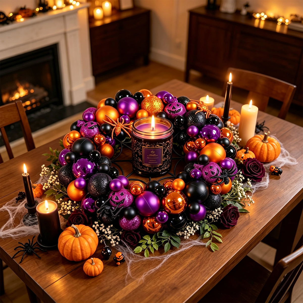 Godance 16 Inch Purple Halloween Spider Ball Wreath for Front Door, Halloween Treat-or-Trick Door Wreath Plastic Ball Ornament for Halloween Indoor Decorations Centerpiece Party Holiday Wall Decor