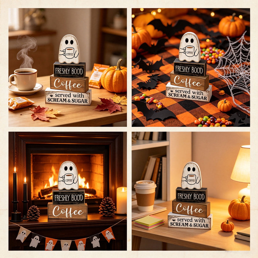 4 Pcs Halloween Decorations Table Decor Coffee Ghost Wooden Sign Halloween Tiered Tray Decor Farmhouse Ghost Tabletop Centerpiece Decorative Coffee Bar Block Signs for Home Office Kitchen Shelf