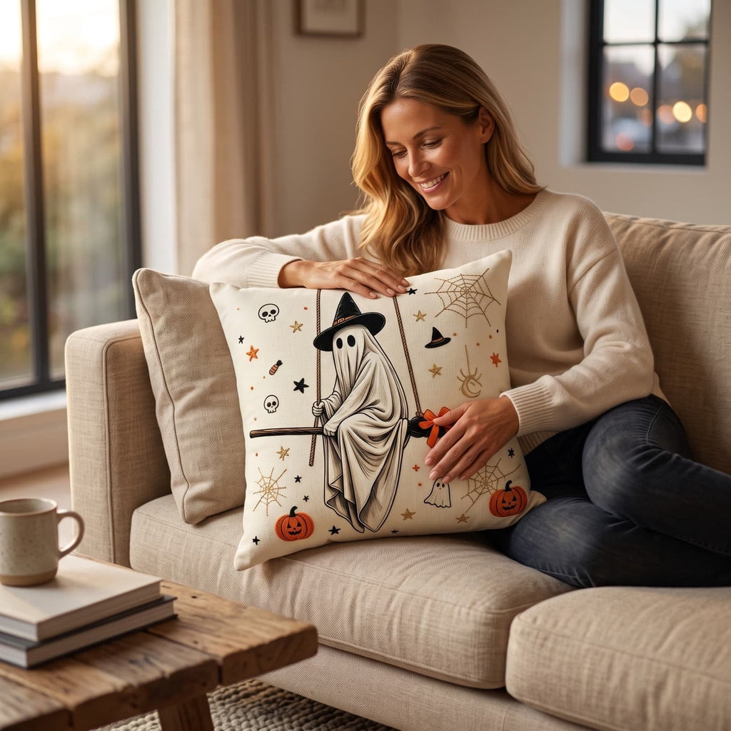 Cute Reading Ghost Plush Throw Pillow, Halloween Book & Pumpkin Bucket Ghost Stuffed Cushion, Spooky Season Decorative Pillow, for Sofa, Bedroom, Party Decor
