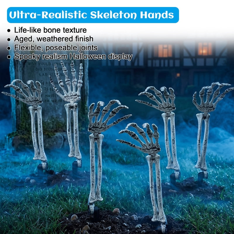 DUNCHATY 12 Pack Posable Life Size Skeleton Hands with Stakes – Realistic Halloween Outdoor Lawn Decor for Haunted House, Graveyard, Yard & Goth Party