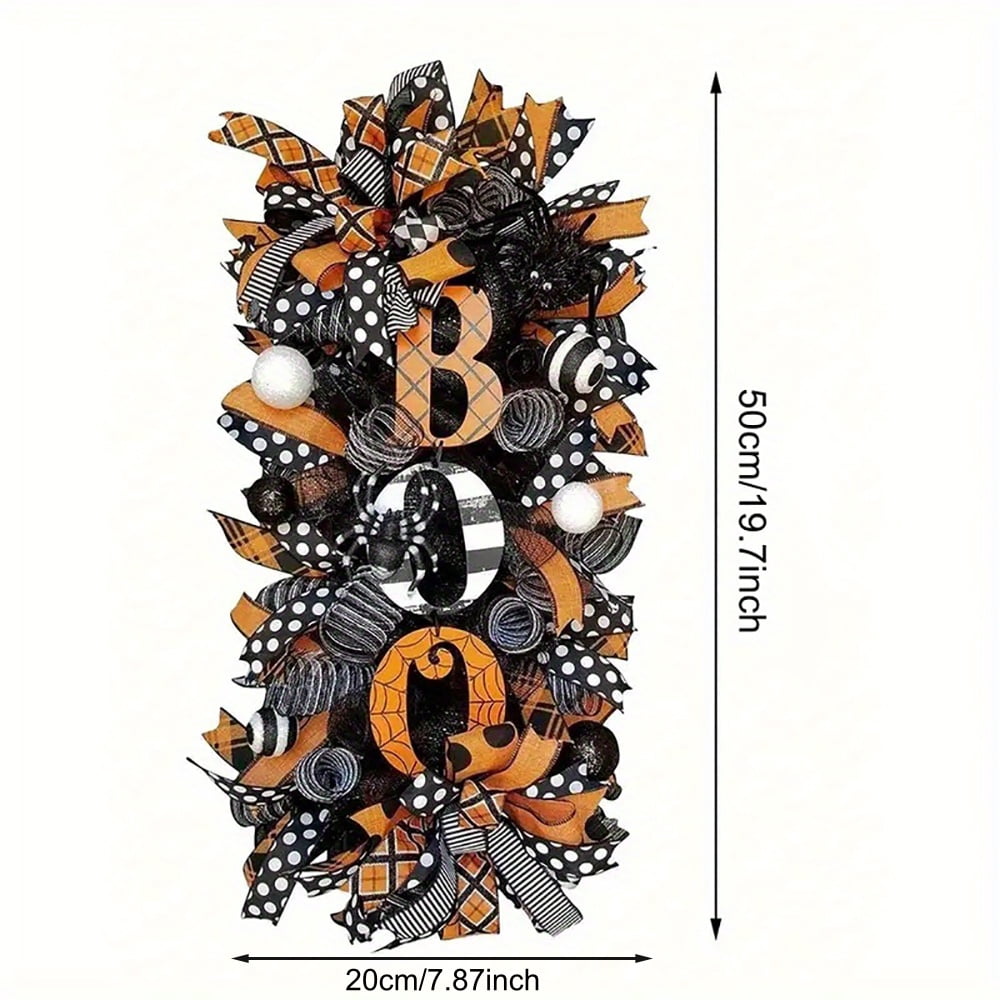 Ribbon BOO Halloween Swag Wreath for Front Door Wall Decor
