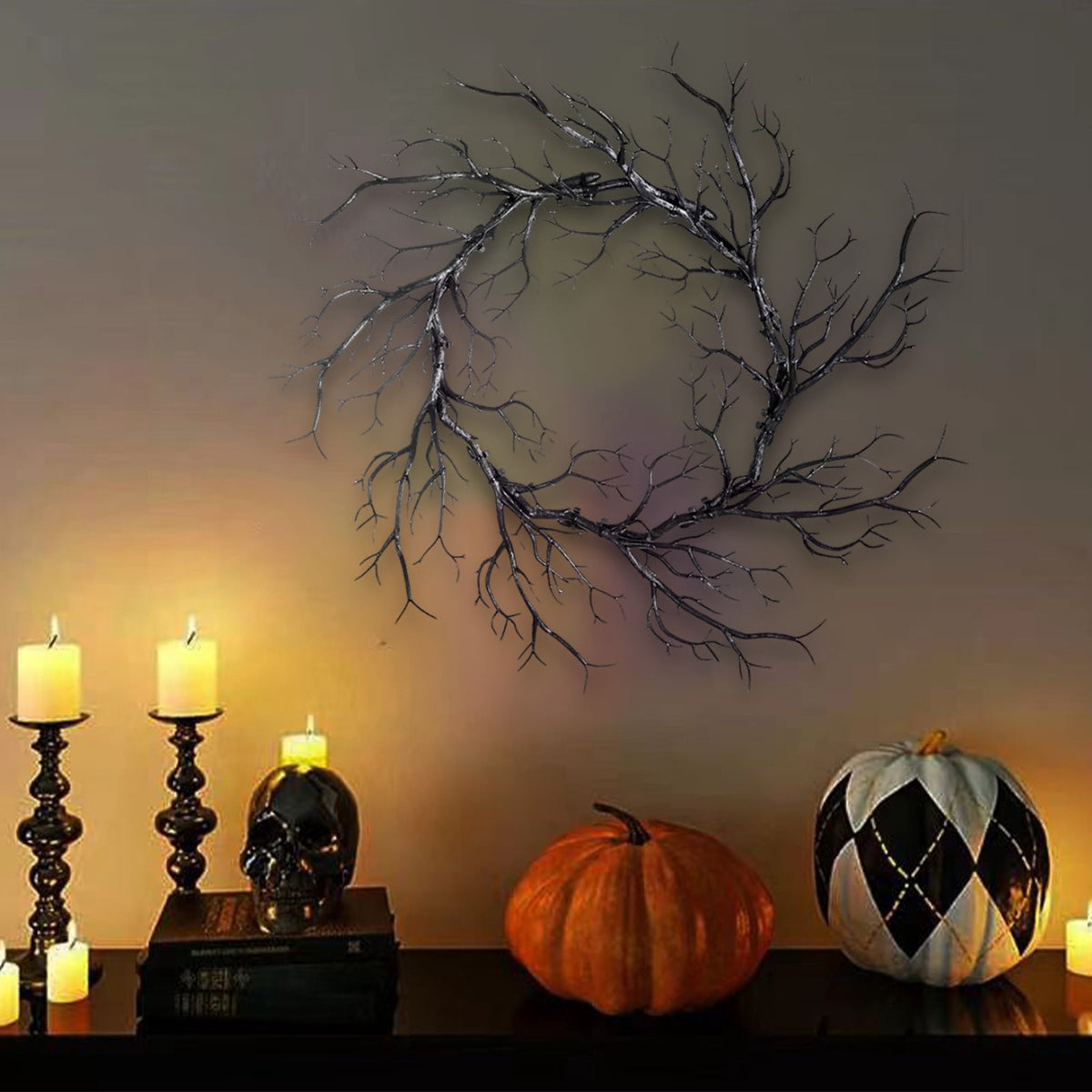Plastic Twig Wreath for Front Door Halloween Decor, Indoor Outdoor Hanging Ornament with Spooky Vibe