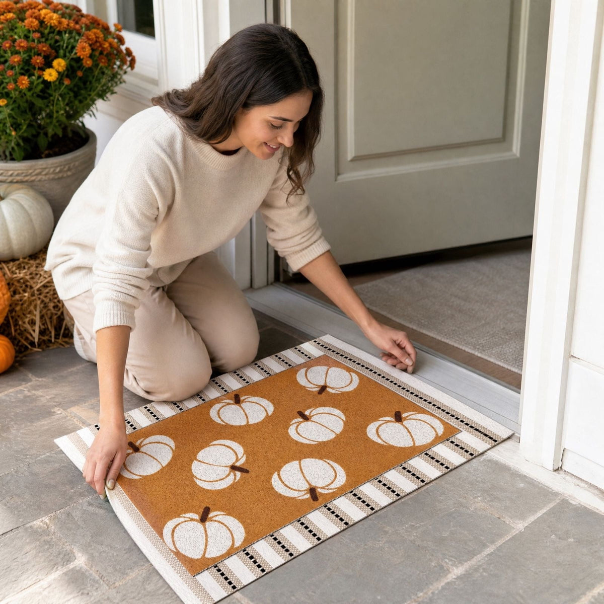 Halloween Dog Door Mat 16x24", Golden Retriever Ghost Pumpkin Welcome Rug for Porch, Halloween Outdoor Decorations