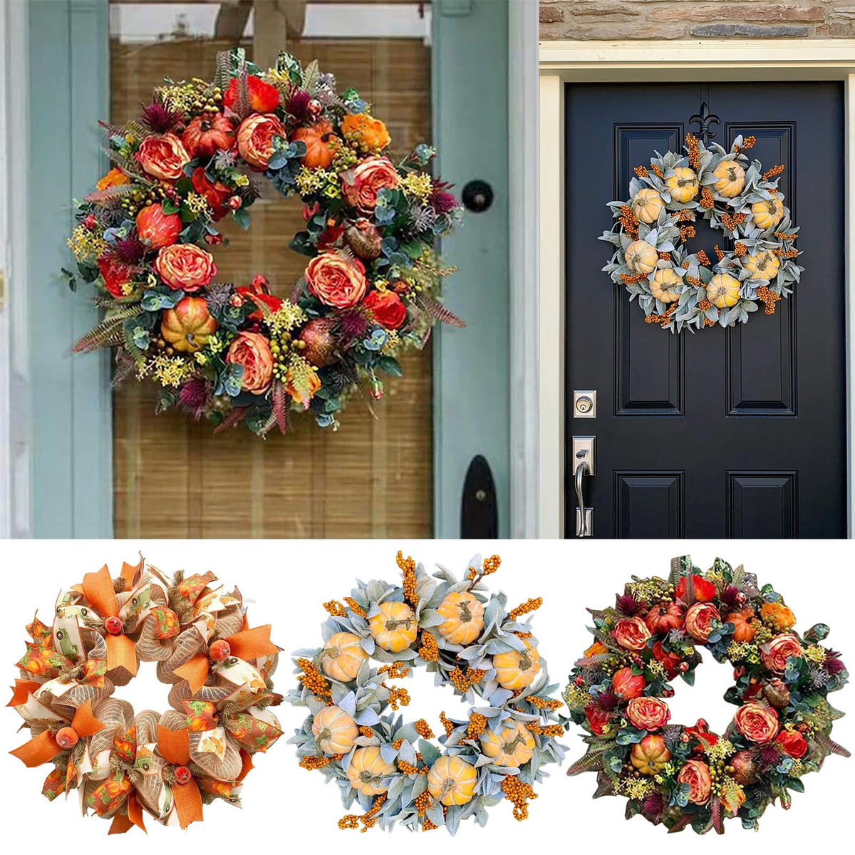 Fall Wreaths for Front Door Outside, 18 Inch Large Autumn Wreath with Pumpkin, Berry, Dahlia, Straw and Bows, Holiday Wreaths for Farmhouse Halloween Thanksgiving Decor, Indoor Outdoor Front Door
