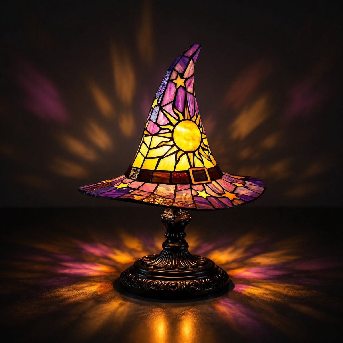 Stained Glass Witch hat lamp, 7" Halloween Gothic Mystic Room Decor Handcrafted Ceramic Phantom Figurine, USB Rechargeable LED Glowing Lantern for Bedroom Living Room Mantel Home Decor