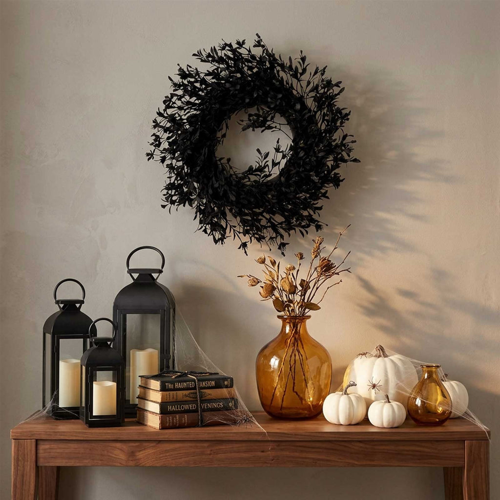 Black Halloween Wreath Decoration, Artificial Dark Leaf Door Garland For Halloween Thanksgiving Fall Festival, Gothic Front Door Wall Fireplace Window Porch Party Home Decor