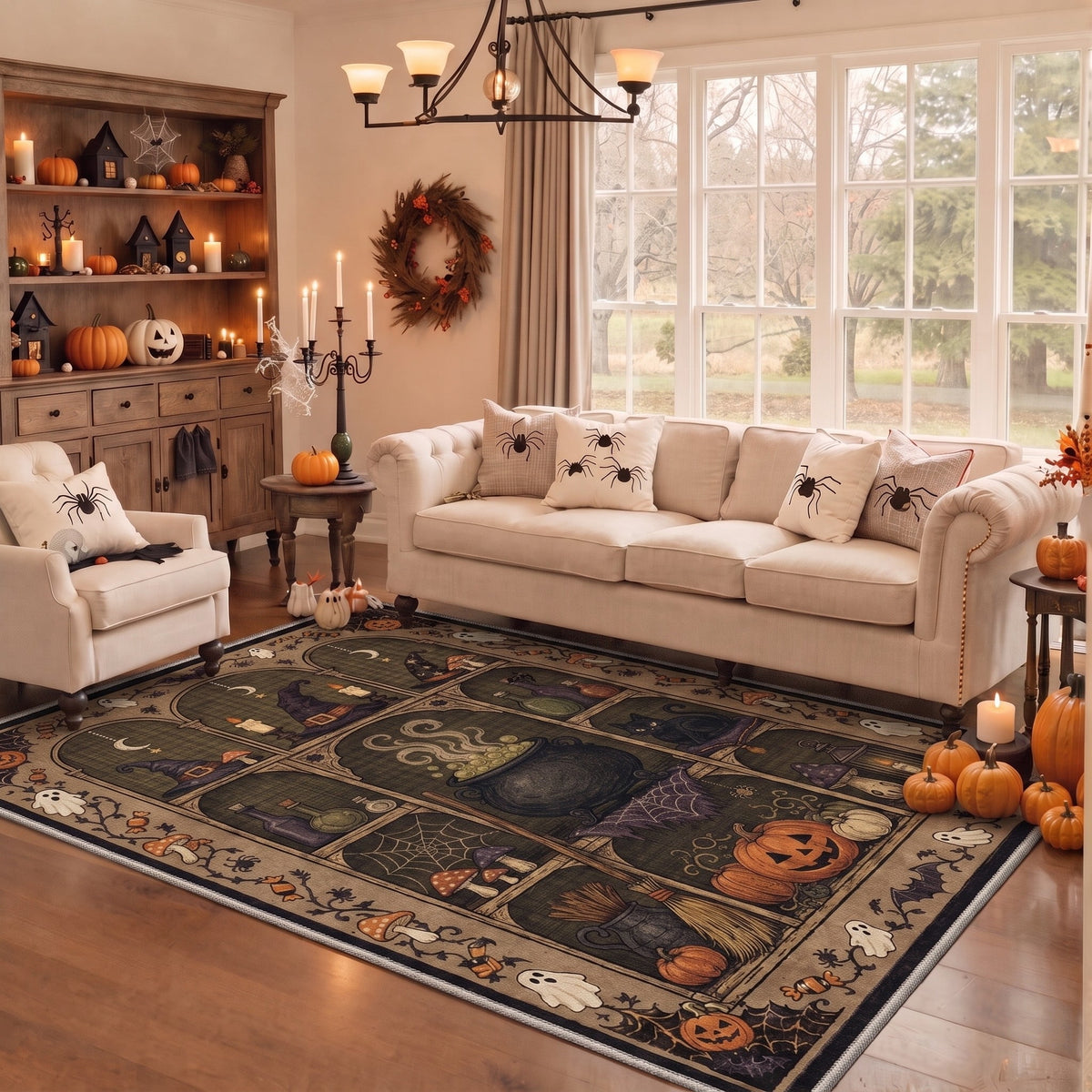GENIMO 5'x7' Halloween Area Rug for Living Room, Washable Non Slip Soft Vintage Pumpkin Indoor Rug for Bedroom Dining Room Home Office, Antique Moss