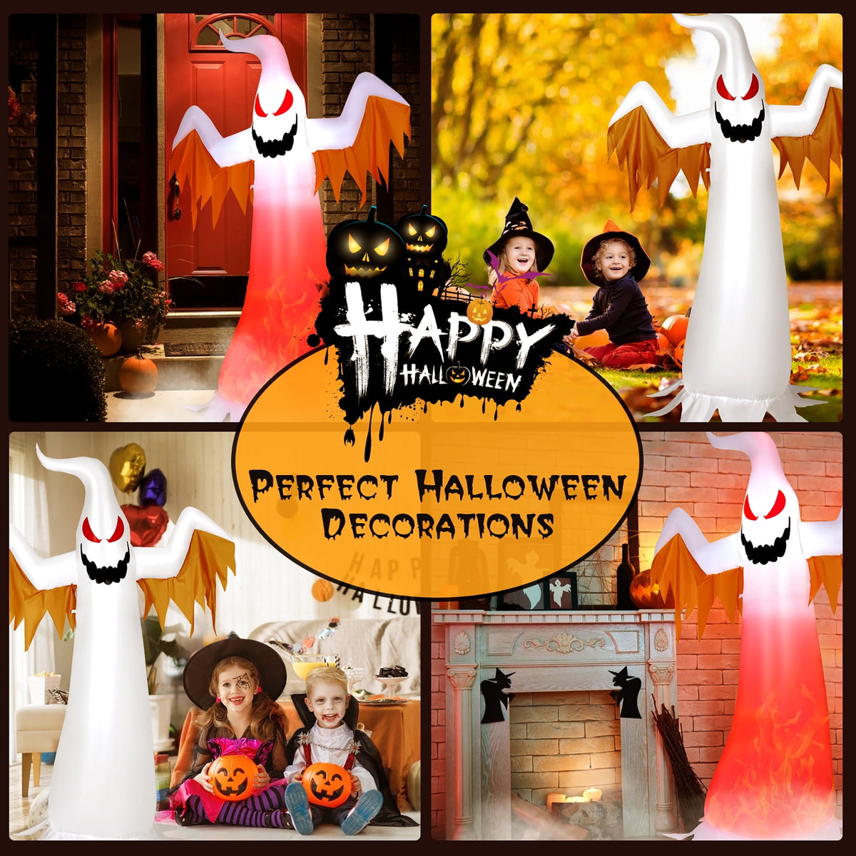 Costway 8 FT Halloween Inflatable White Ghost with Rotatable Flame LED Lights