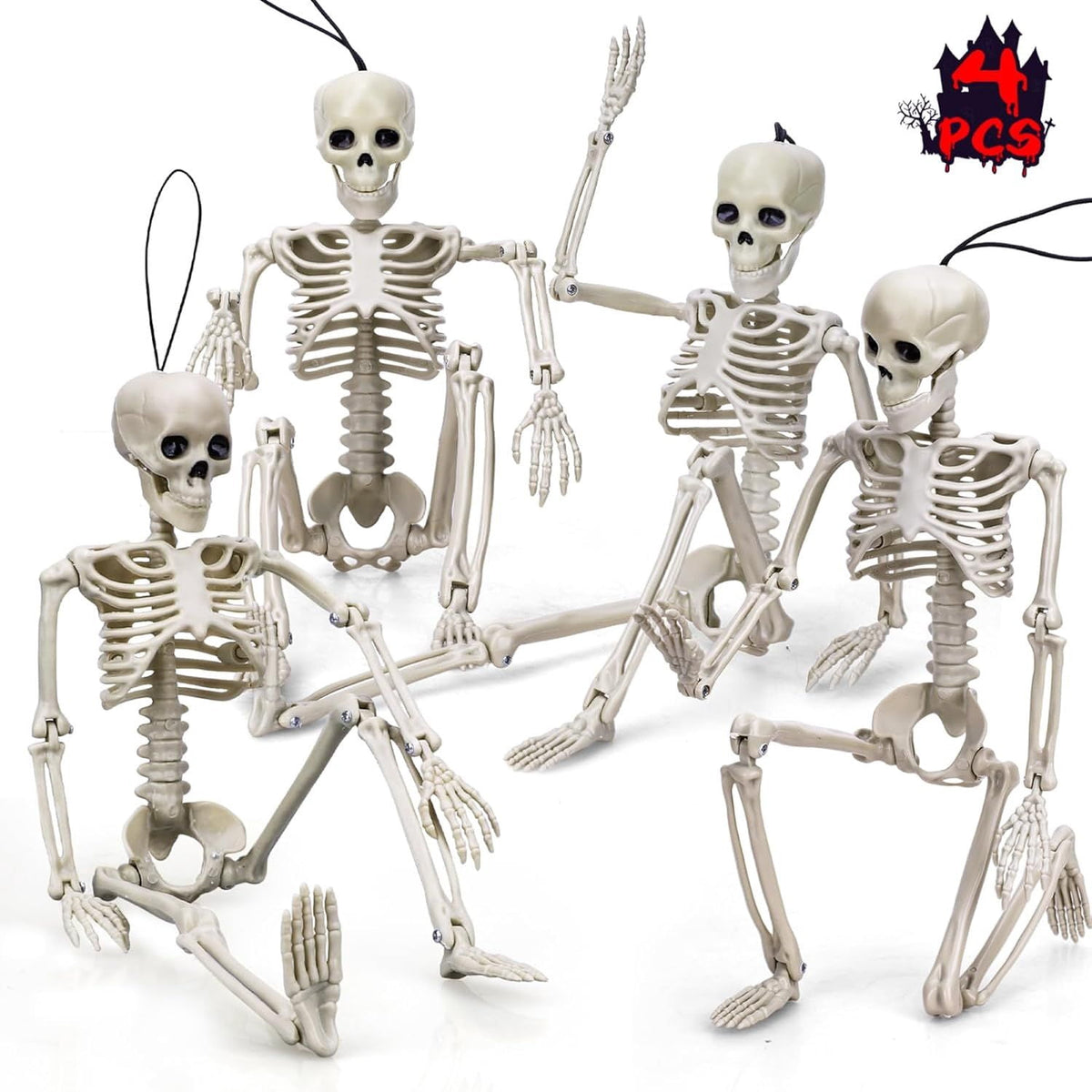 4 Pack Posable Halloween Skeleton Decorations 16 Inch for Indoor Outdoor Yard