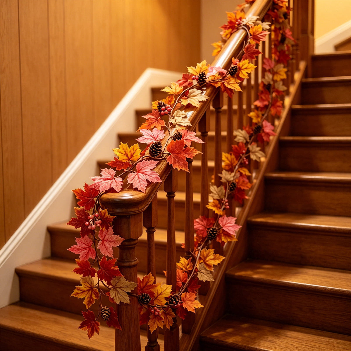 Chmadoxn 78.74" Halloween Thanksgiving Maple Leaf Garland with Mini Pumpkins & Berries, Artificial Fall Leaves Vine for Mantel Staircase Porch, Autumn Harvest Hanging Home Decor