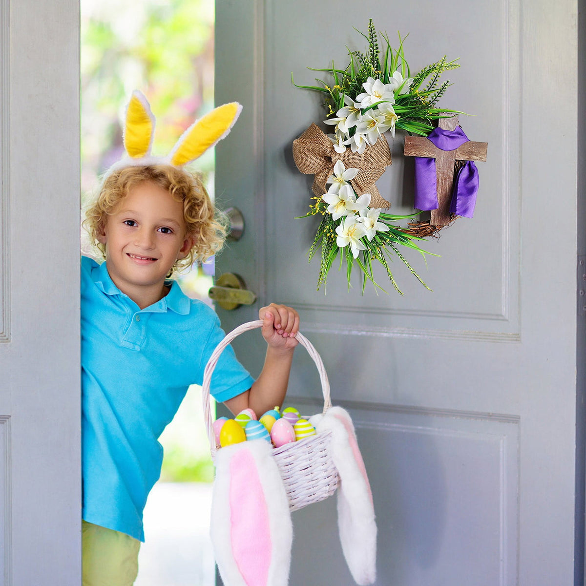 XEOVHV Easter Wreath, Cross Door Sign Easter Door Sign， Easter Wooden Wreath Hanging Sign Christian Floral Easter Decor 13.8 x 13.8 Inch Jesus Wreath Door Hanger for Front Door Wall Decor