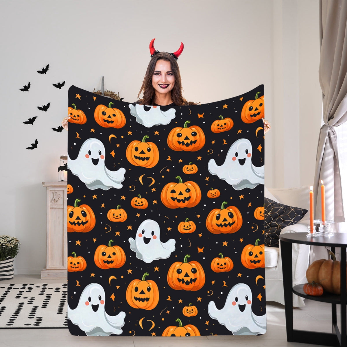 Halloween blanket,Halloween Print Throw Blanket Flannel Soft Cozy Decorative Nap Blanket with Ghost Pumpkin Skull for Office Bedroom Sofa Camping Travel(100x150cm/39x59 Inch),Black