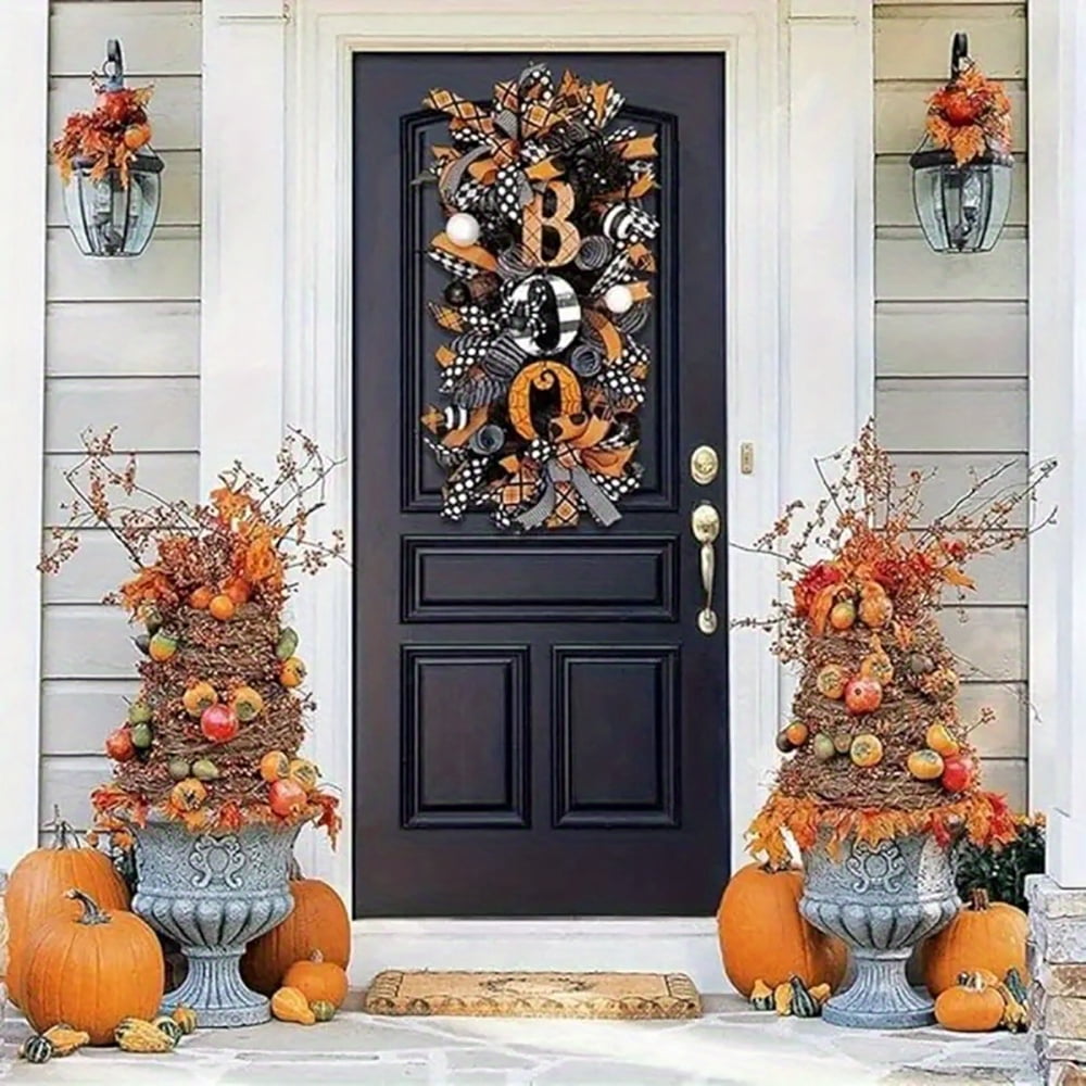 Ribbon BOO Halloween Swag Wreath for Front Door Wall Decor