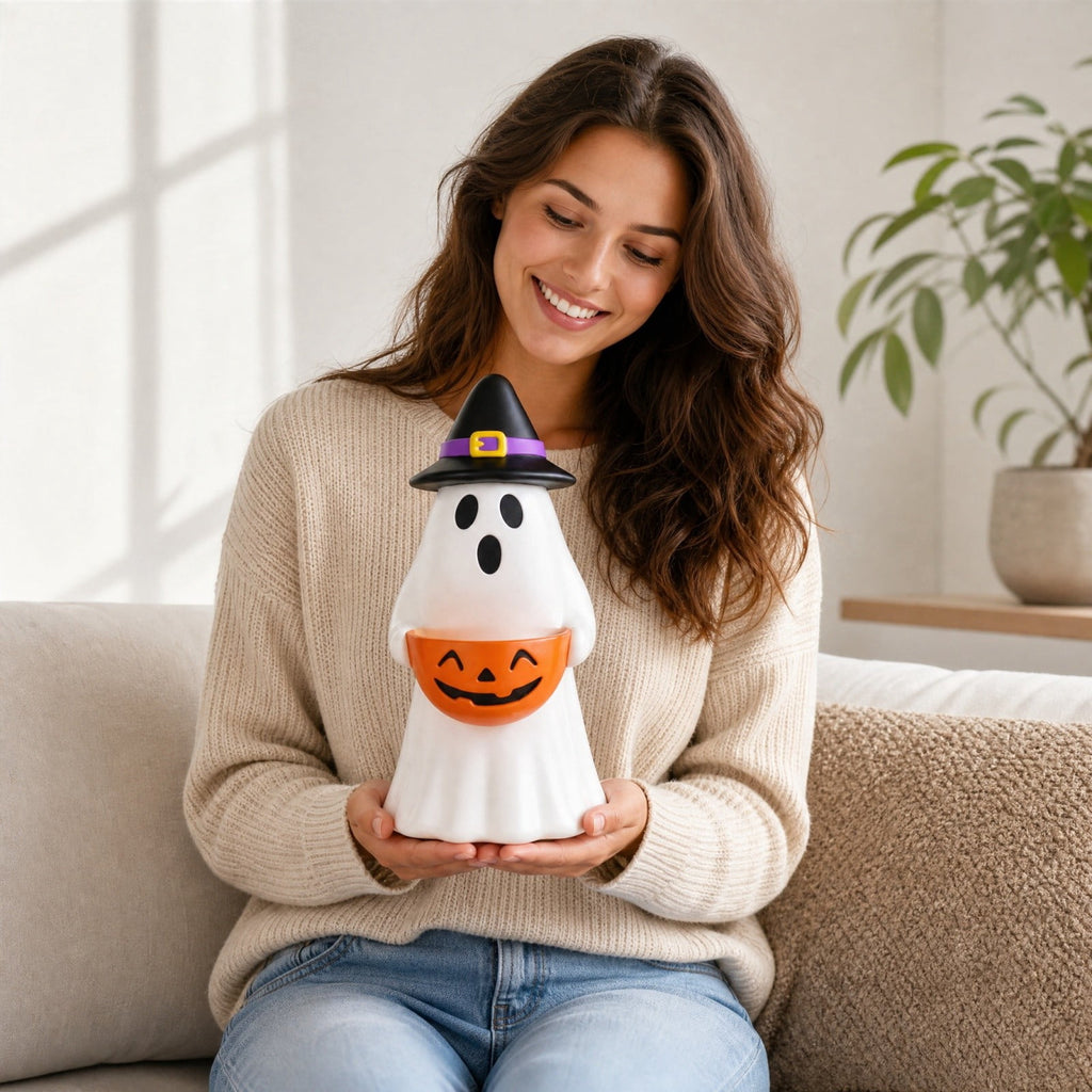 Halloween Decoration Ghost Figurine 11in Resin Ghost Statues with Pumpkin Candy Bowl for Outdoor Indoor Front Door, Porch Yard Lawn Party Decor