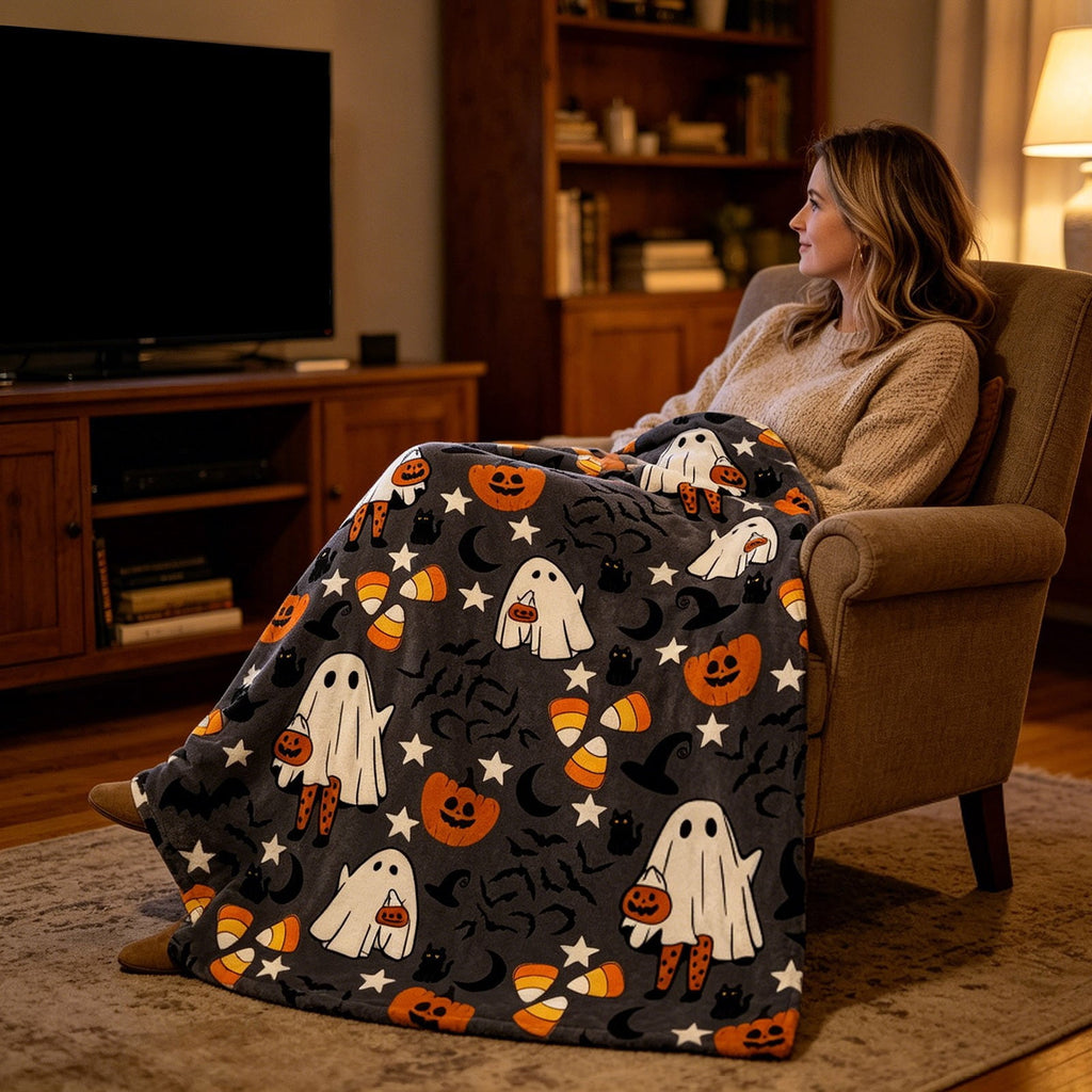 Halloween blanket,Halloween Print Throw Blanket Flannel Soft Cozy Decorative Nap Blanket with Ghost Pumpkin Skull for Office Bedroom Sofa Camping Travel(100x150cm/39x59 Inch),Black