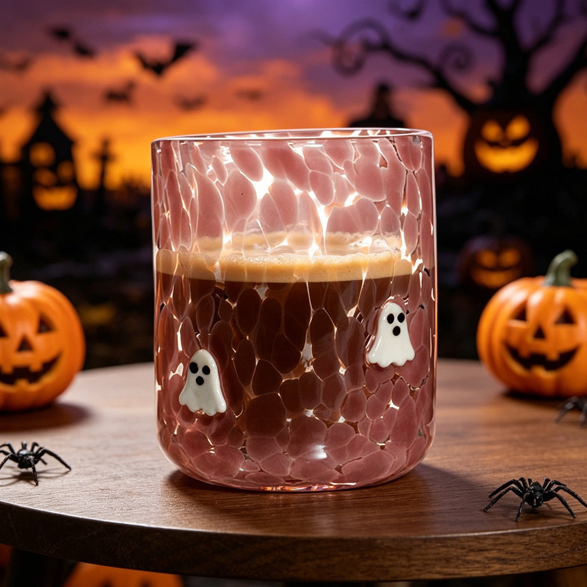 Qocolcyl Halloween Icon Glass Cups - 3.5x4.7in Ghost Bat Snake Pumpkin Icon Juice Stemless Wine Glasses Double Old Fashioned Hand Blown Drinking Cups for Halloween Party Gift