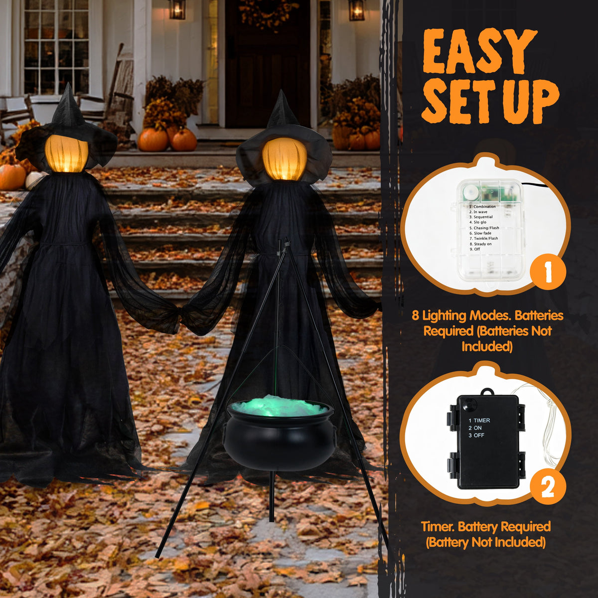 Joyfy 3 Pack Witches Halloween Decorations Outdoor, 51" Sound Activated Light Up Flying Witch Stakes with Color Changing Face & Creepy Sound, Life Size Halloween Props for Lawn Grave Party