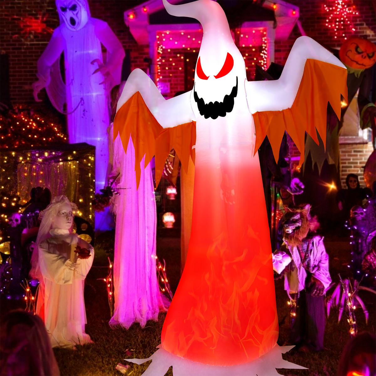 Costway 8 FT Halloween Inflatable White Ghost with Rotatable Flame LED Lights