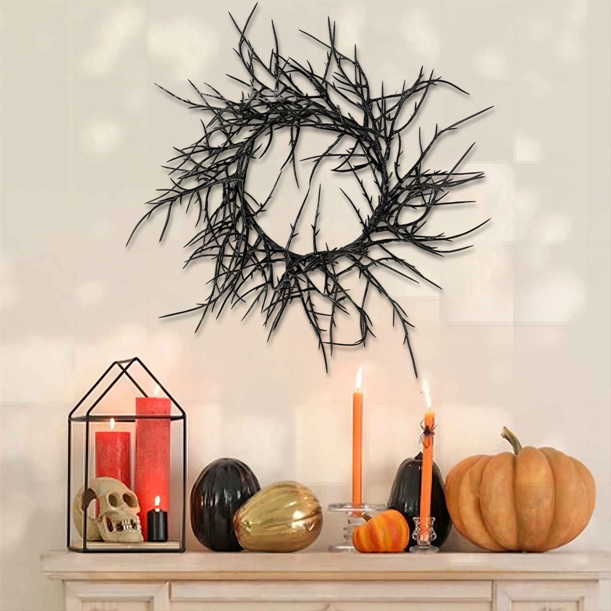 Halloween Wreath, Black Twig Wreath for Front Door, Artificial Spooky Branch Decor for Indoor Outdoor Home Party, Wall Hanging Ornament