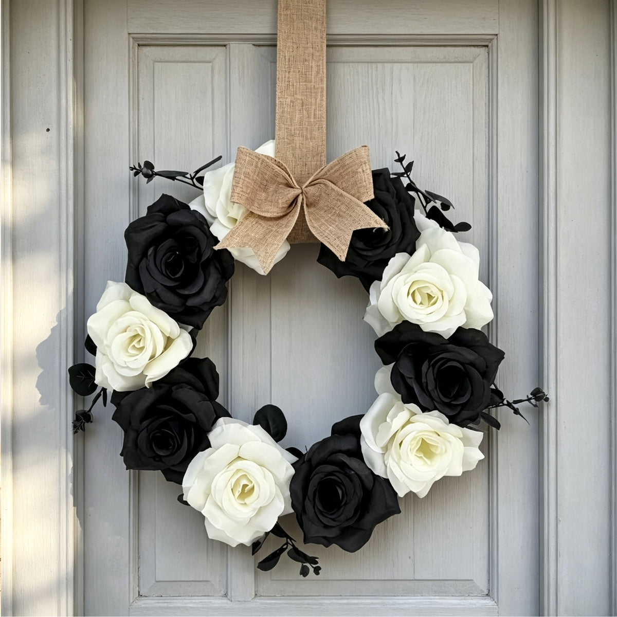 Halloween Rose Wreath, 11.81 Inch Black & White Artificial Flower Wreath with Burlap Bow, Gothic Front Door Wall Hanging Decor for Fall Autumn Home, (1PC)