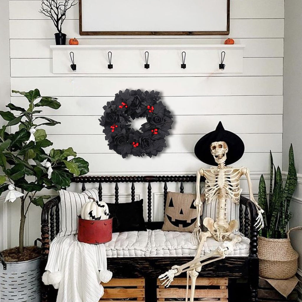 WWC Halloween Wreath, Artificial Silk Bats And Skulls Wreath, Gothic Halloween Decor for Fall Party Front Door Porch Mantel