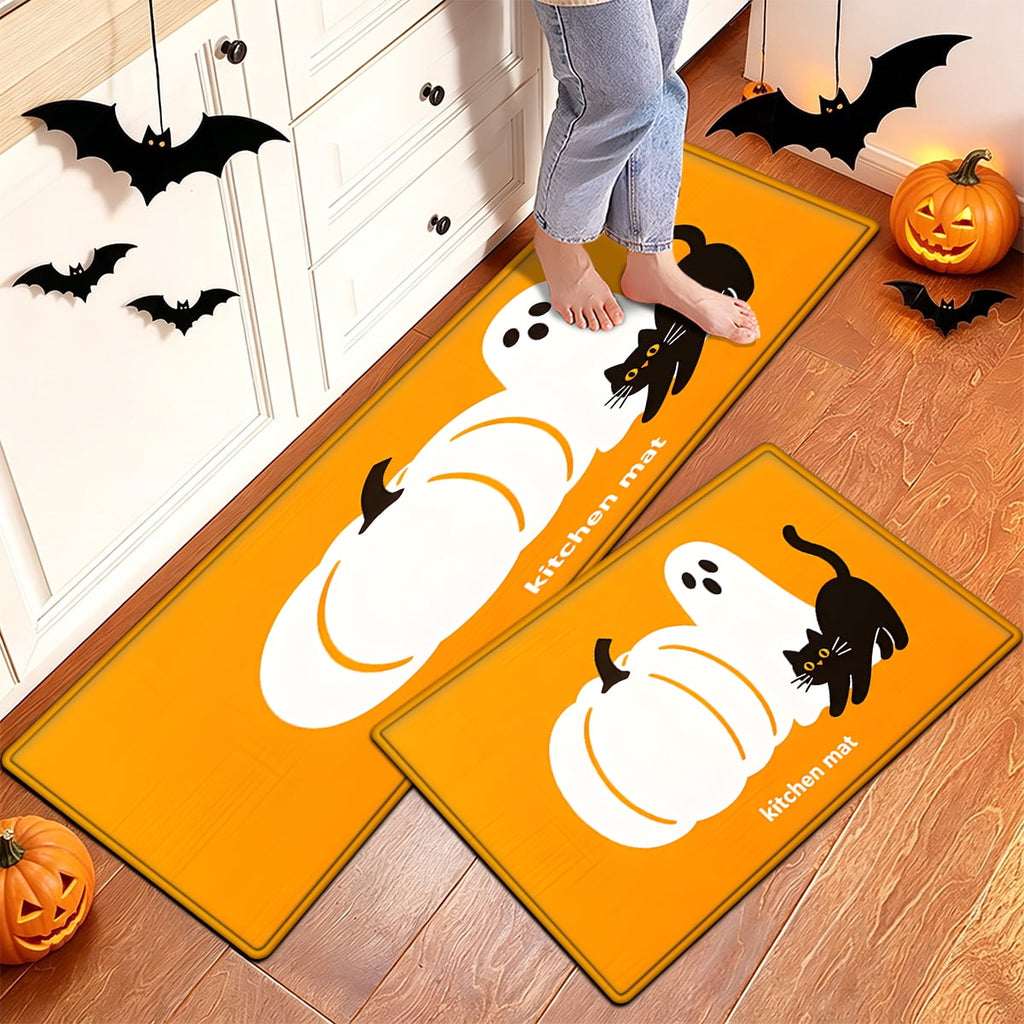 YIMEIS Halloween Orange Ghost Pumpkin Black Cat 1Pc Flannel Mat & Kitchen Rugs,Soft Non-slip,16''×24'' Inches,for Entryway Bathroom