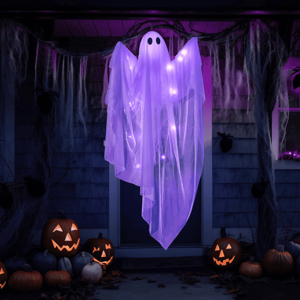 Ayieyill Halloween Ghost Decor with Blue LED Light, 47” Light up Hanging Ghost Halloween Yard Porch Decorations Outdoor
