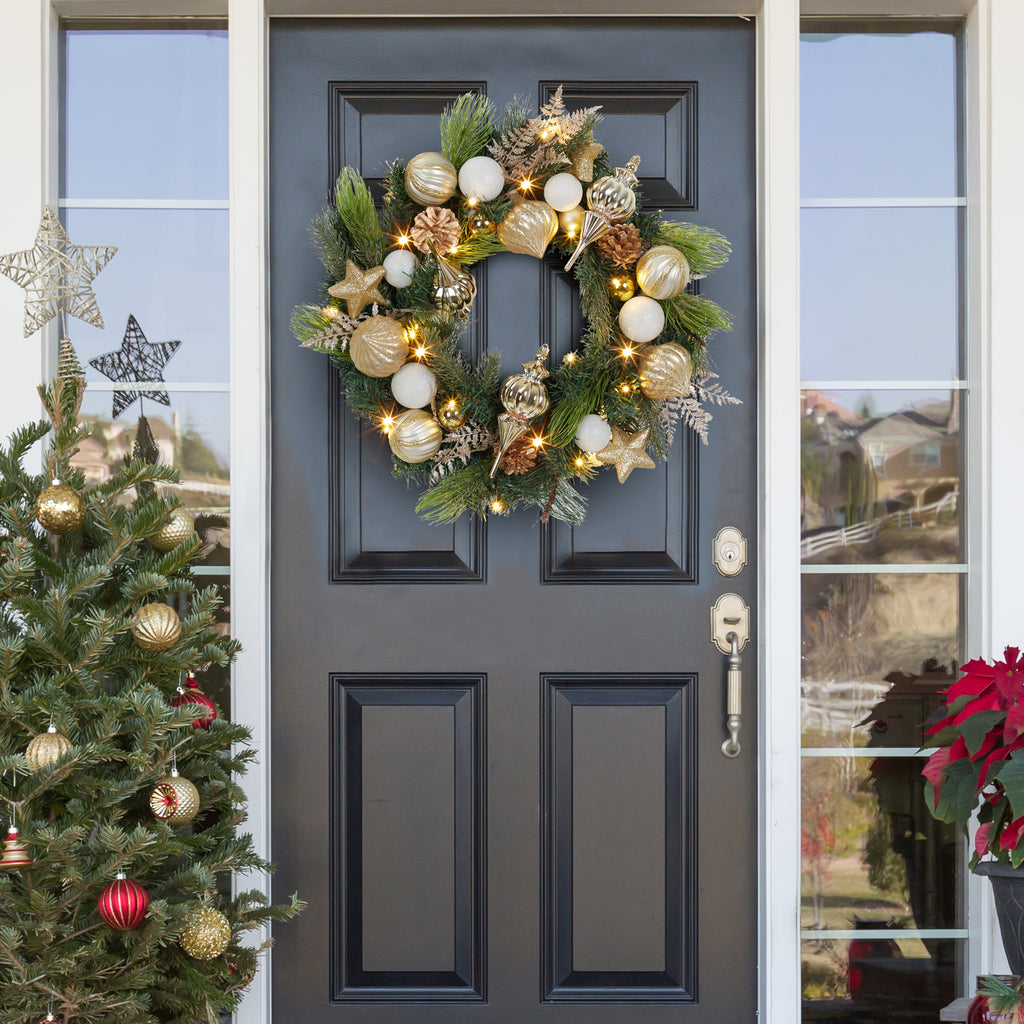 JoanKaren 24 inch Large Christmas Wreath Silver White with 20 LED Lights,Prelit Xmas Wreath w/ Ball Ornaments Pine Cone