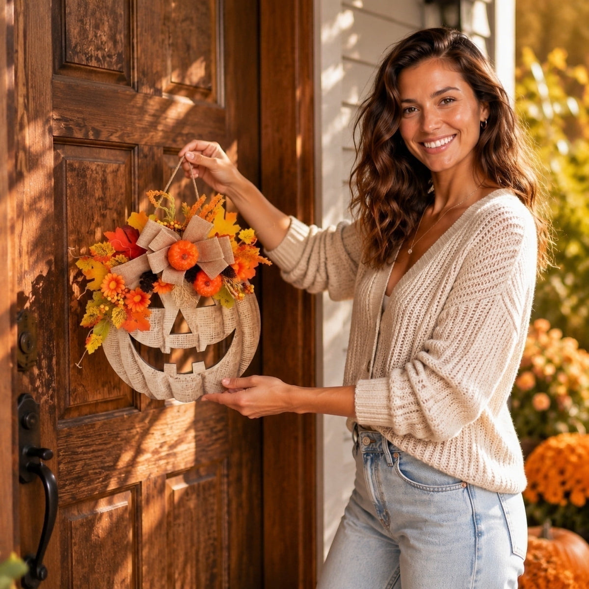 Rwvbm Plastic Artificial Fall Wreath, Faux Pumpkin Maple Leaf Floral Garland for Front Door Wall Thanksgiving Halloween Home Decoration, 13.8in