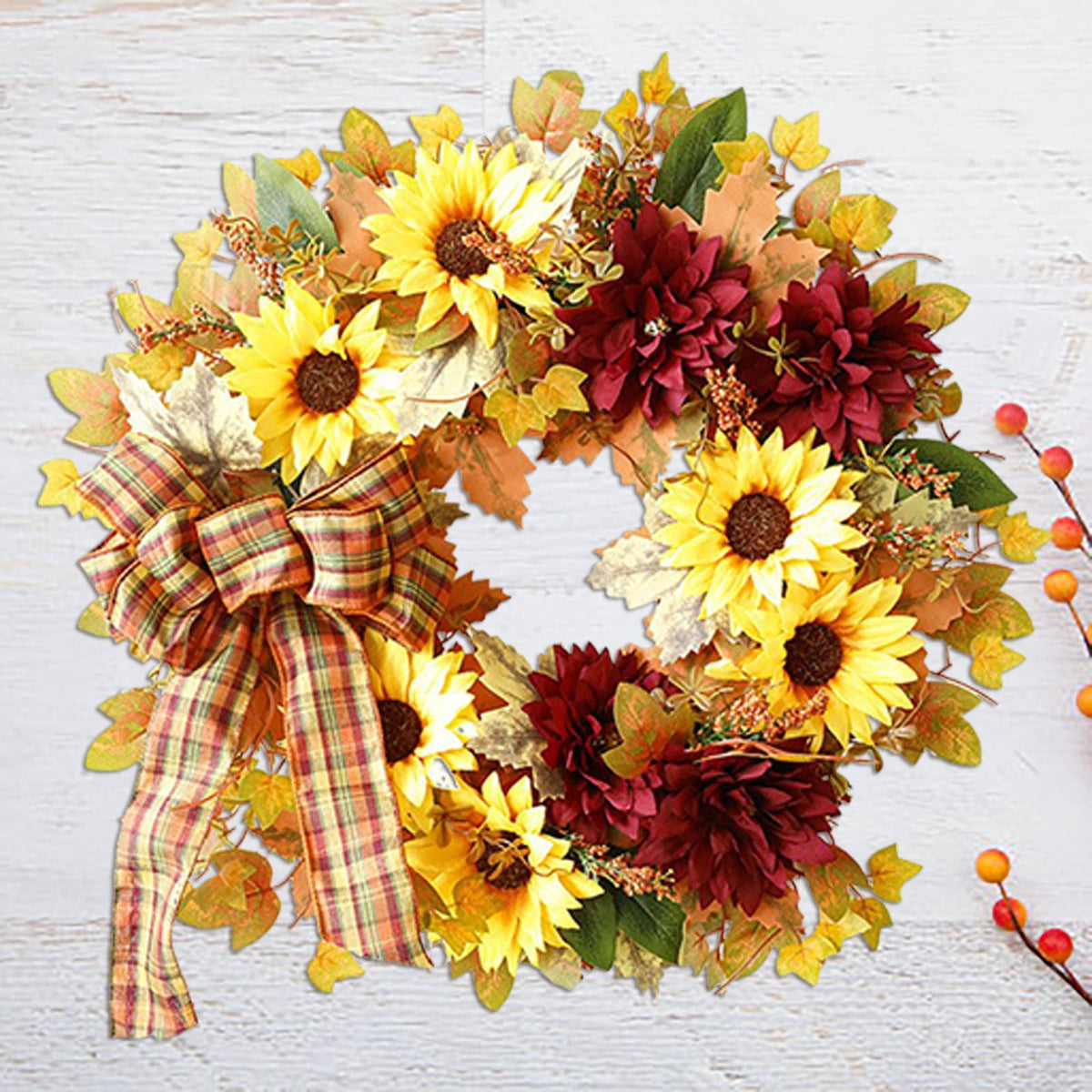 Autumn Wreath 14 Inch Fall Decor for Home Front Door with Artificial Maple Leaf Pumpkin Berry Pinecone Harvest Thanksgiving Halloween Farmhouse Seasonal Decorations Indoor Outdoor,