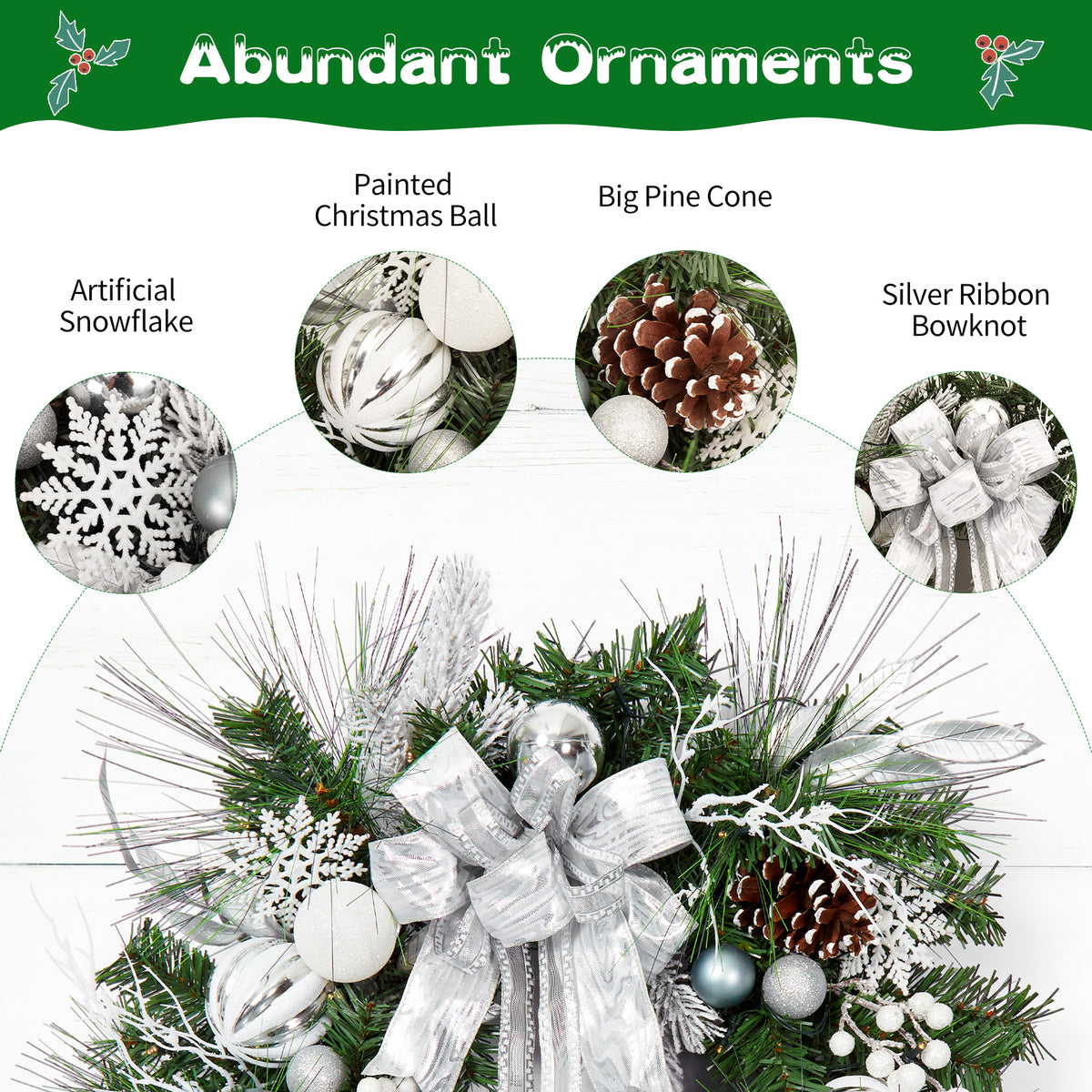 JoanKaren 24 inch Large Christmas Wreath Silver White with 20 LED Lights,Prelit Xmas Wreath w/ Ball Ornaments Pine Cone