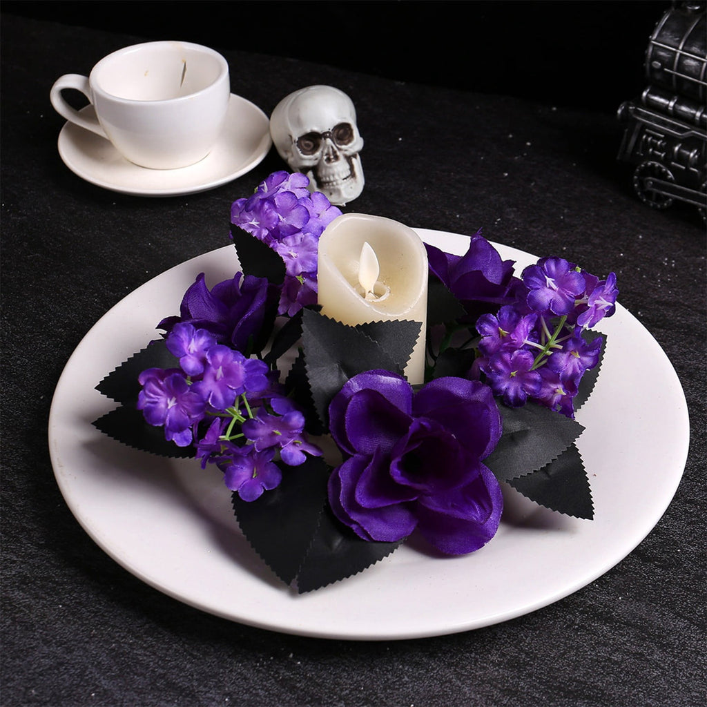 HHBEAUTY Artificial Purple Rose Halloween Candle Rings Wreaths 9.8 Inch Gothic Floral Eucalyptus Leaves Candle Ring Holder Halloween Wedding Party Centerpiece Table Decorations Home Decor