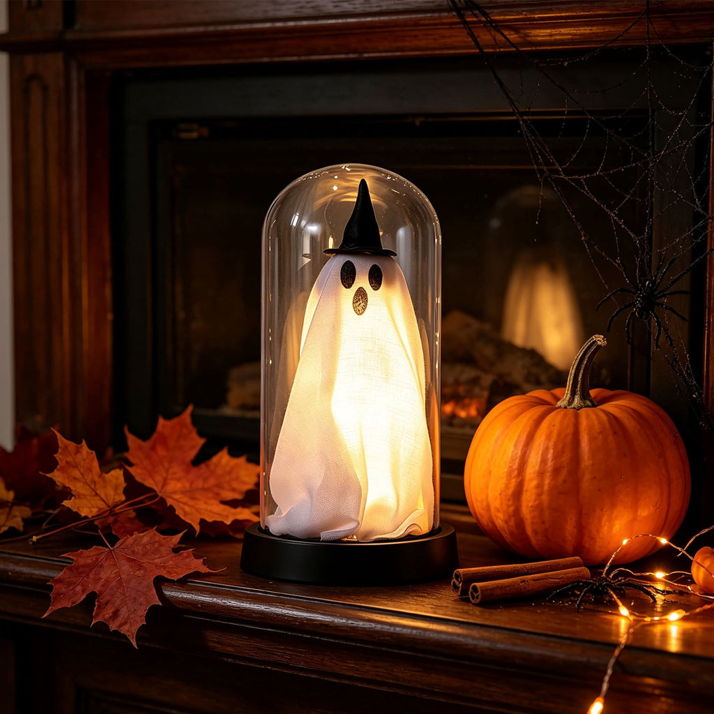 Orangide Halloween Ghost Cloche Night Light Fabric Ghost Lamp with Glass Dome for Mantel Shelf Spooky Party and Home Decor Ornament