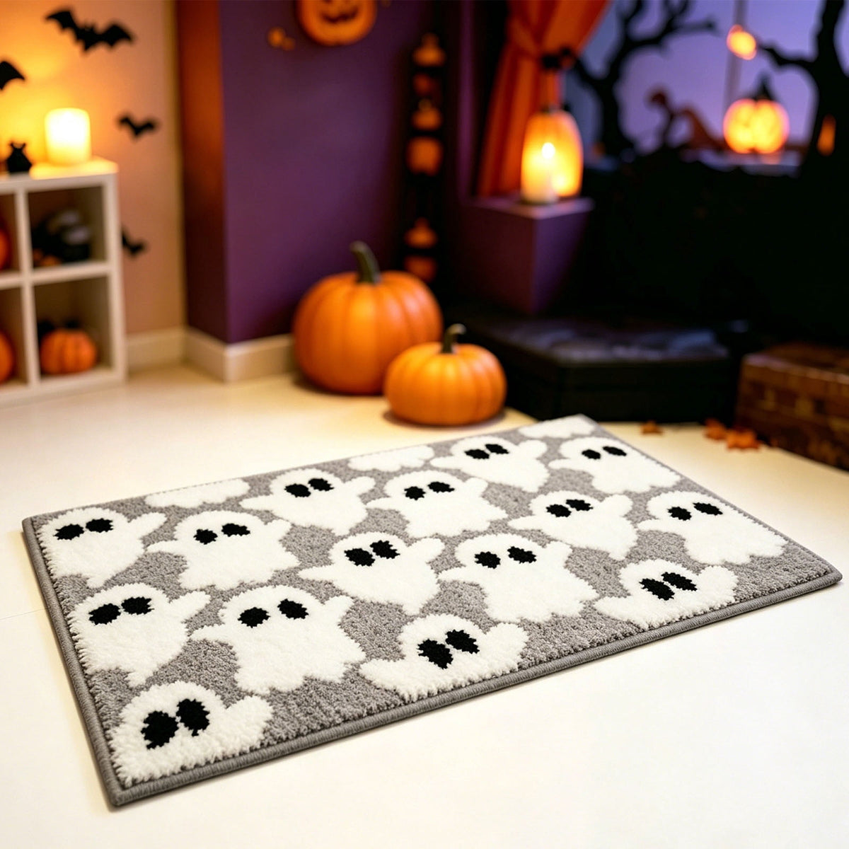 Halloween Heart Print Doormat 60x40cm, Black Orange Spooky Entry Mat for Front Door, Non-Slip Indoor Outdoor Rug
