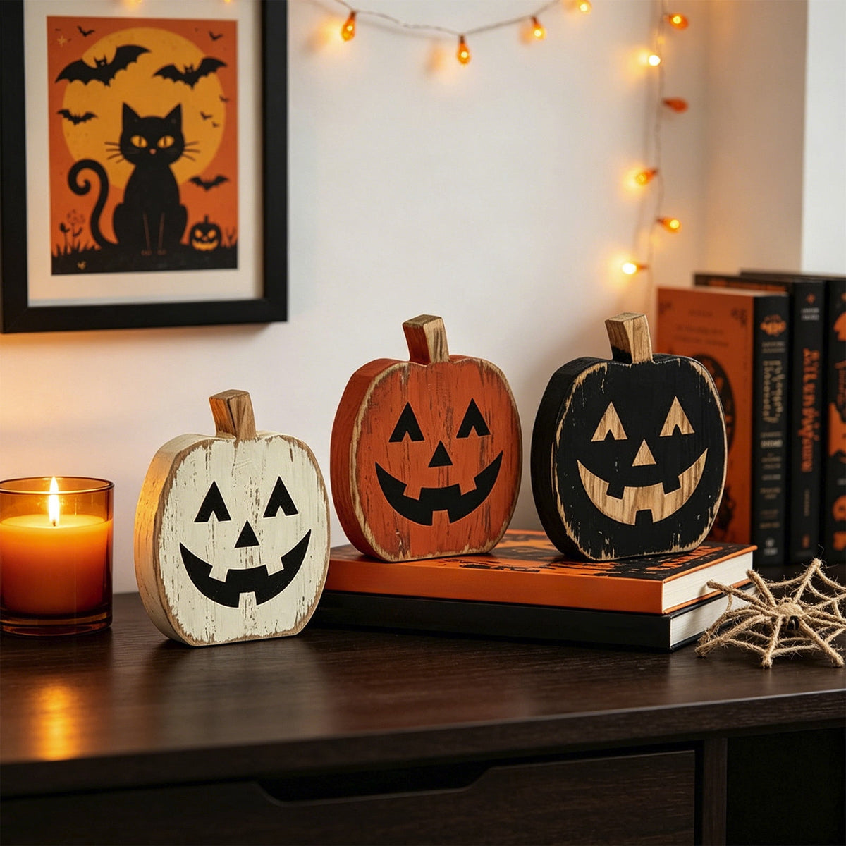 3 Pack Wooden Pumpkin Halloween Decor, Distressed Jack O Lantern Tabletop Set Rustic Indoor Fall Shelf Ornaments