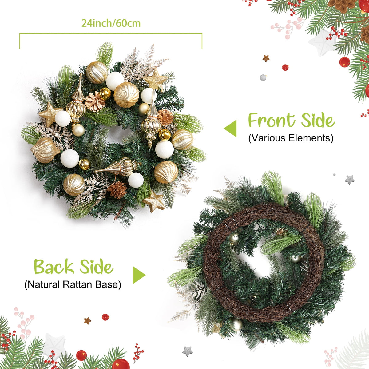 JoanKaren 24 inch Large Christmas Wreath Silver White with 20 LED Lights,Prelit Xmas Wreath w/ Ball Ornaments Pine Cone
