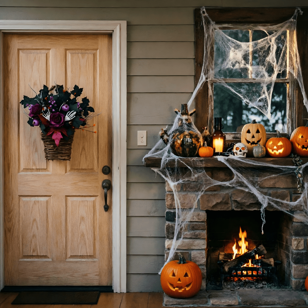 Halloween Wreaths for Front Door 15 Inch Halloween Hanging Basket Decor with Roses & Pumpkins for Wall, Porch, Halloween Party & Gift