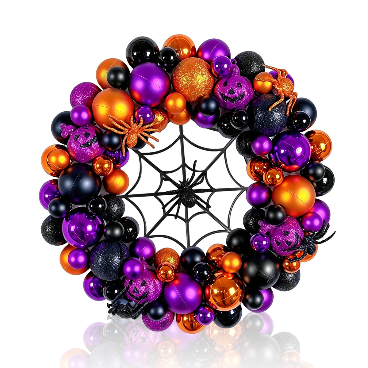 Godance 16 Inch Purple Halloween Spider Ball Wreath for Front Door, Halloween Treat-or-Trick Door Wreath Plastic Ball Ornament for Halloween Indoor Decorations Centerpiece Party Holiday Wall Decor