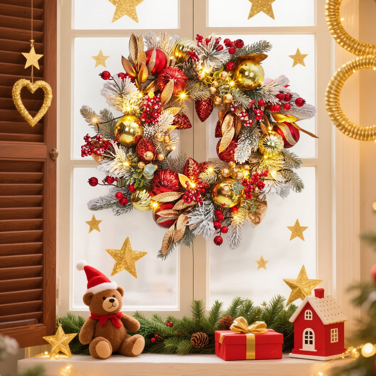 JoanKaren 24 inch Large Christmas Wreath Silver White with 20 LED Lights,Prelit Xmas Wreath w/ Ball Ornaments Pine Cone
