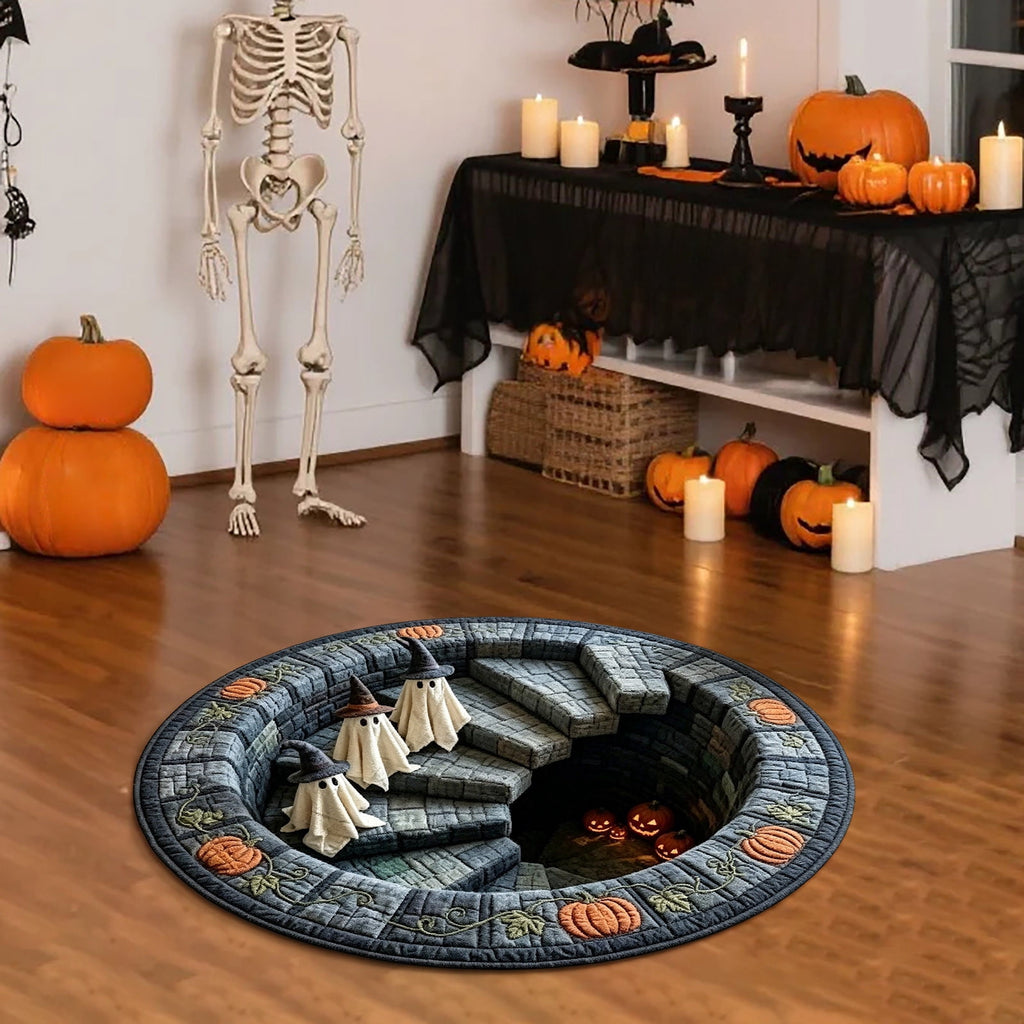3D Optical Illusion Halloween Round Rug – Spooky Ghost Pumpkin Design, Non Slip Rubber Backing Doormat for Entryway Bedroom, Machine Washable Floor Mat Home Decor