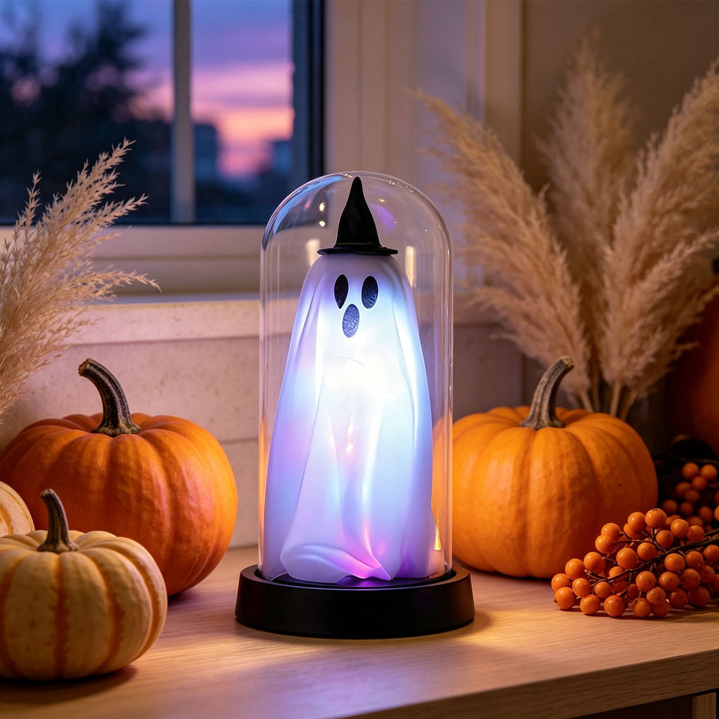 Orangide Halloween Ghost Cloche Night Light Fabric Ghost Lamp with Glass Dome for Mantel Shelf Spooky Party and Home Decor Ornament