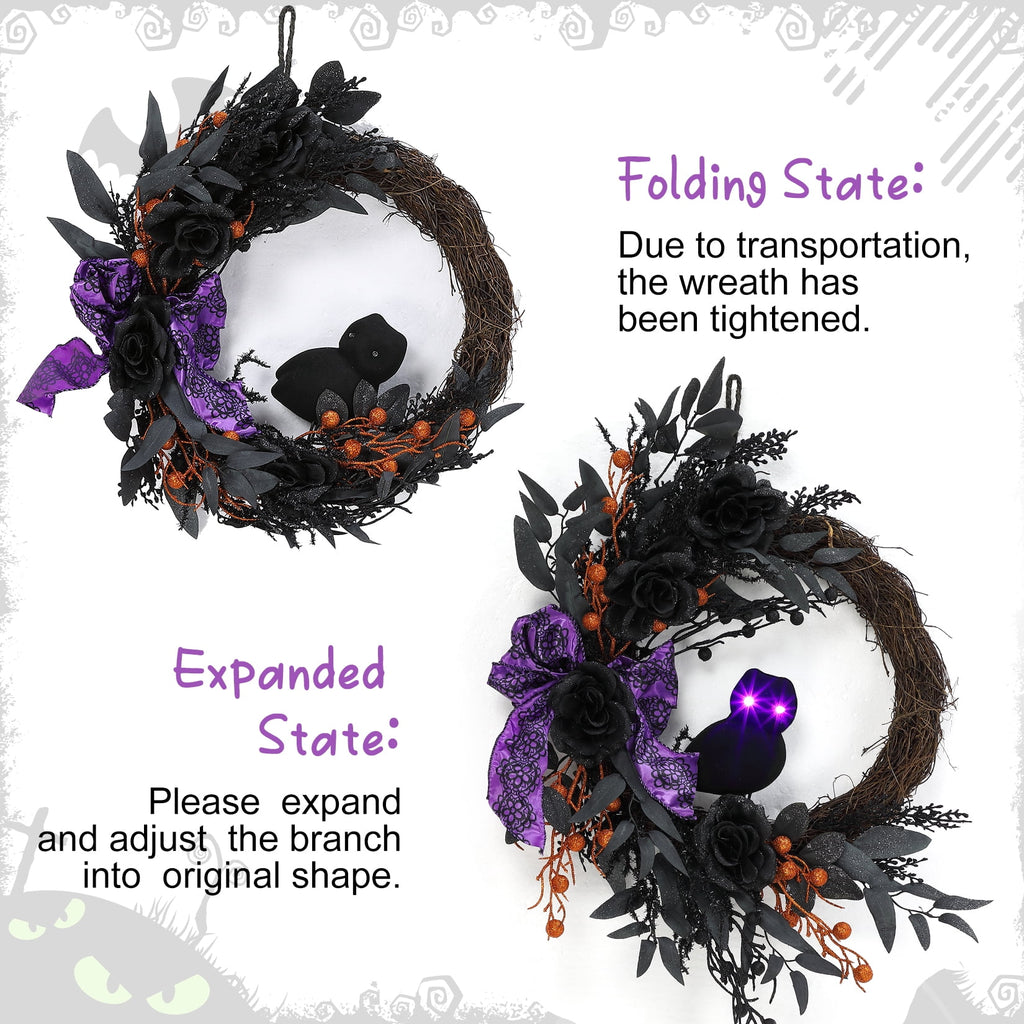 HELLONE Halloween Wreath with Lights, 20 Inch Front Door Halloween Wreath Decorations with Owl, Black Leaves, Roses, Bows for Halloween Home Porch Decor Indoor Outdoor