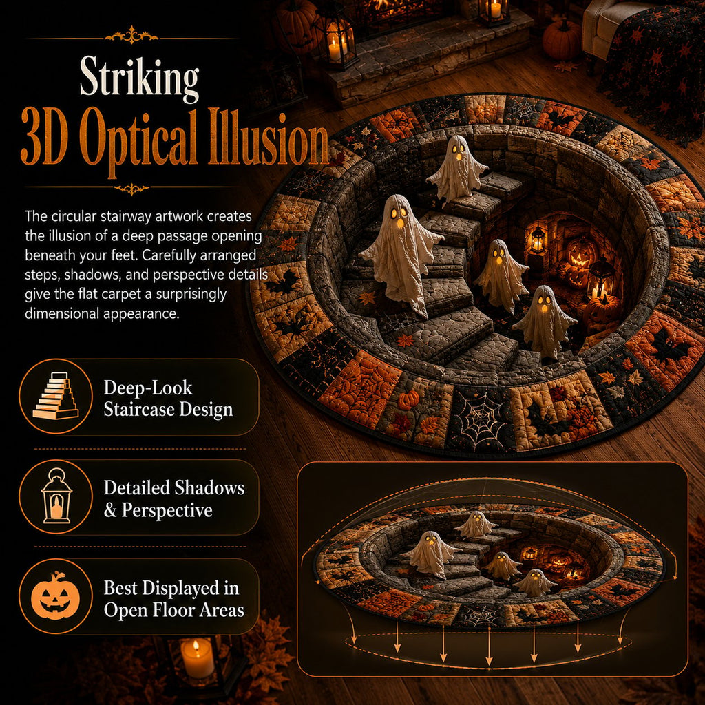 3D Optical Illusion Round Halloween Rug, Ghost Cave Stairwell Non-Slip Decorative Floor Mat