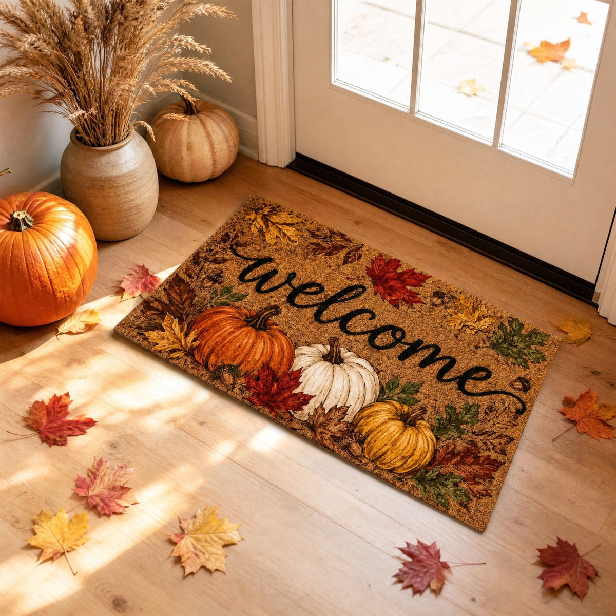 Fall Welcome Coir Door Mat, Fall Harvest Pumpkin Front Door Outdoor Doormat Entrance Porch Non Slip Rubber Rug for Halloween Decor Brown