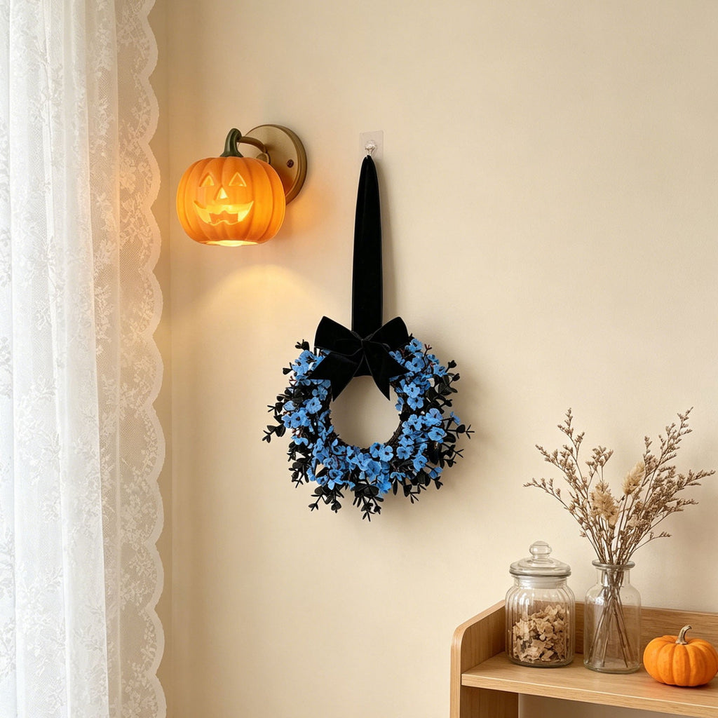 Halloween Star Shaped Bow Wreath for Window Door Display, Autumn Festival Artificial Wreath Decor