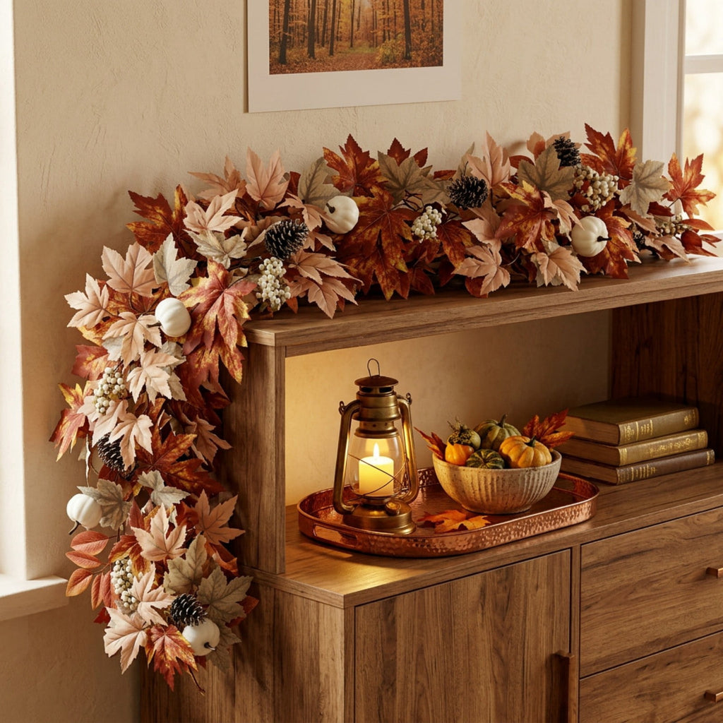 Halloween Artificial Maple Leaf Pumpkin Vine with LED Lights 67-71 Inch Lighted Fall Foliage Garland for Home Halloween Holiday Party Decor